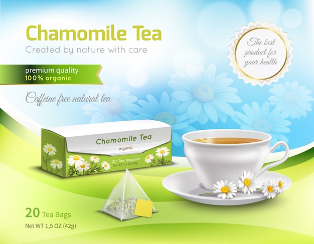 Chamomile tea advertising realistic composition