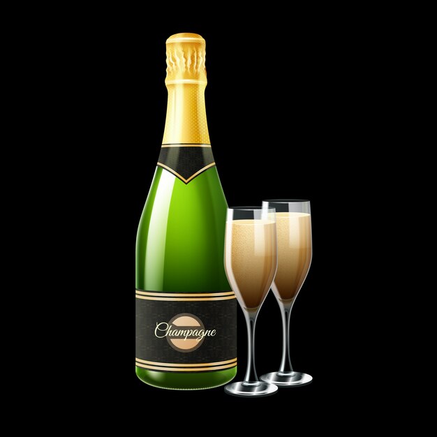 Champagne bottle and two glasses on black background 