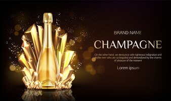 Vettore gratuito bottiglia di champagne con banner di grani di cristallo oro