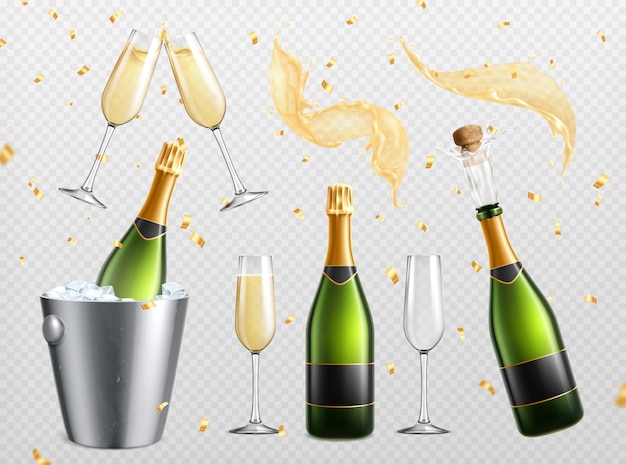 Free vector champagne realistic transparent set with isolated splashes drops and drinking glasses with bottles in ice bucket vector illustration