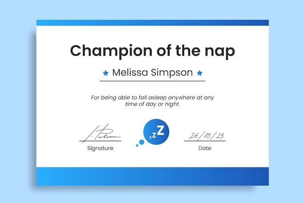 Free vector champion of the nap joke certificate template design