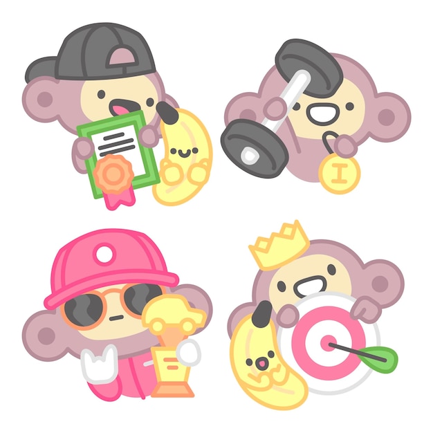 Free vector champion stickers collection with monkey and banana