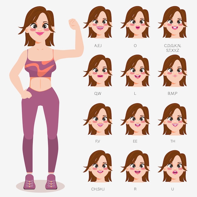 Free vector character for animation mouth in sport woman mouth pronounce letters with lips tongue and teeth