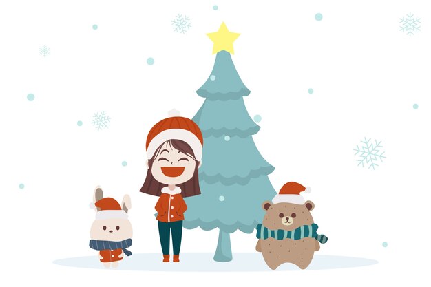 キャラクター漫画かわいいクリスマスの日 メリークリスマス新年あけましておめでとうございます サンタの子供と動物 クリスマス ツリースノーフレークウサギクマのイラスト プレミアムベクター