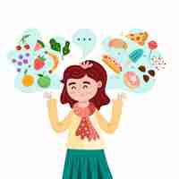 Free vector character choosing between healthy and unhealthy food