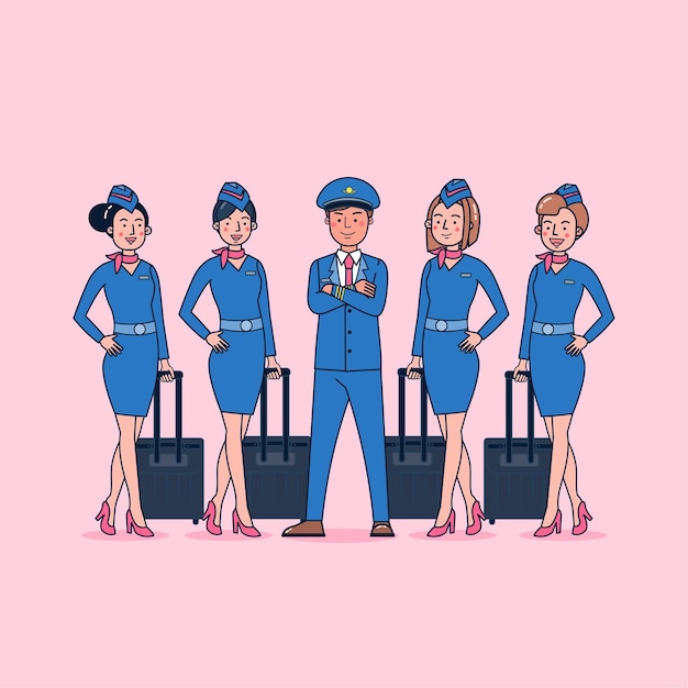 Character collection of pilot & air hostess big set isolated flat   illustration wearing professional uniform, cartoon style