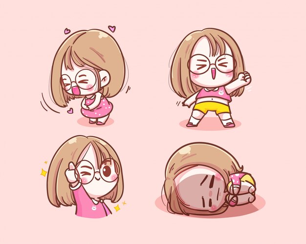 携帯電話の漫画のキャラクターのイラストを持って見ているかわいい女の子 無料のベクター