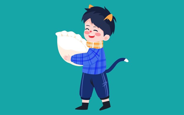 キャラクター食べる餃子イラスト冬至二十四節気春祭りフードポスター プレミアムベクター