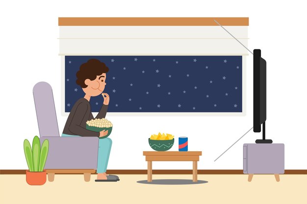 Персонаж ест попкорн и смотрит фильм