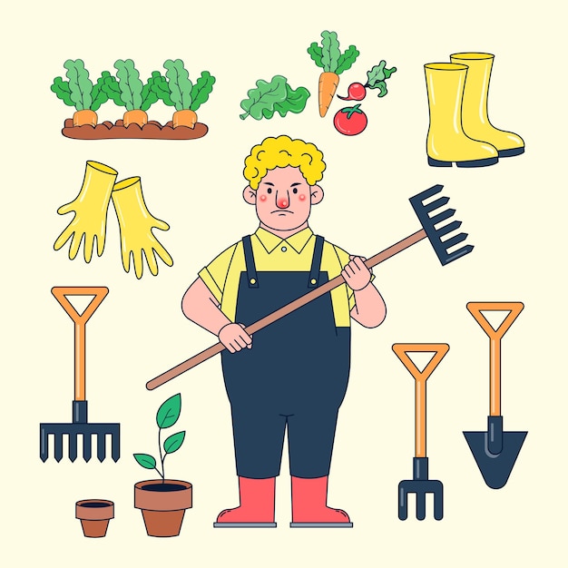 Character farmer with agricultural tools and product such as rake, shovel, straw fork, pot, gloves, boot, vegetable, plant, carrot, beetroot, tomato, soil, bib