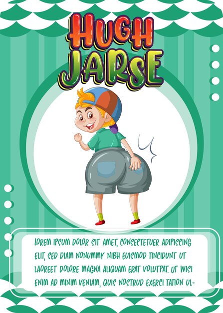 Free vector character game card template with word hugh jarse