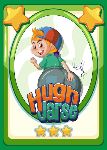 Free vector character game card template with word hugh jarse