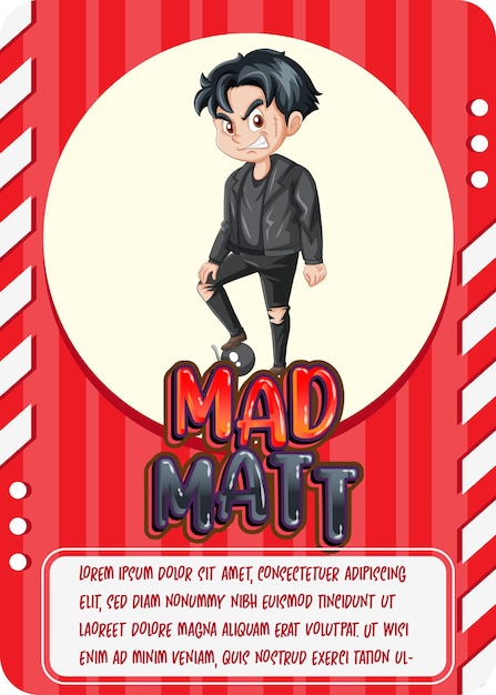 Character game card template with word mad matt