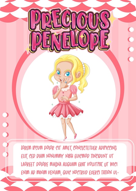 Free vector character game card template with word precious penelope