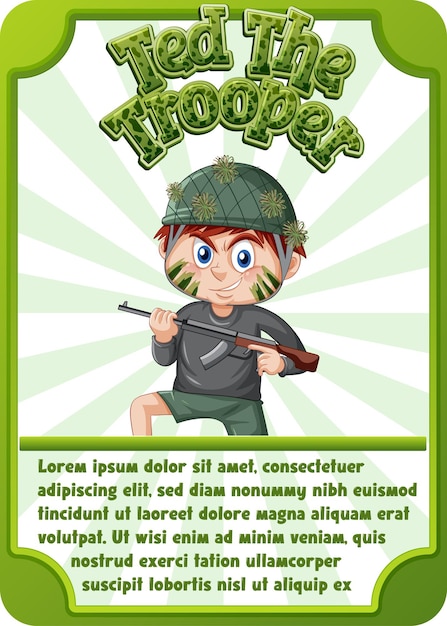 Modello di scheda di gioco del personaggio con la parola ted the trooper