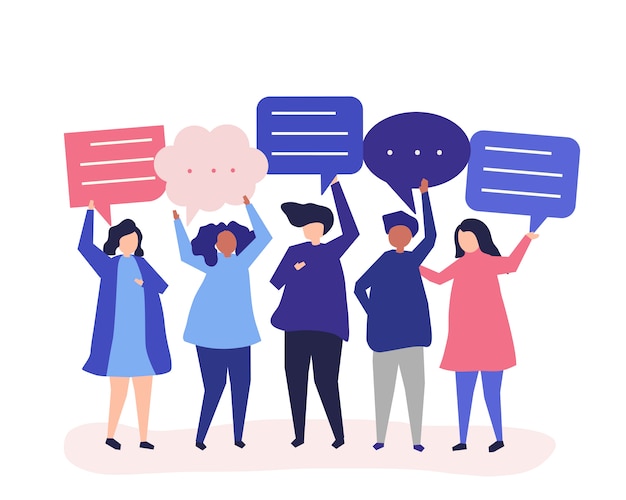 Free vector character illustration of people holding speech bubbles