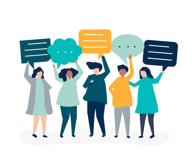 Free vector character illustration of people holding speech bubbles