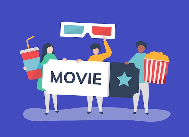 Free vector character illustration of people with movies icon