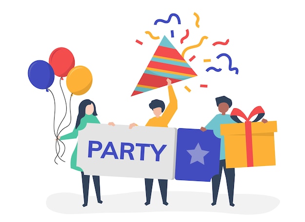 Free vector character illustration of people with party icons