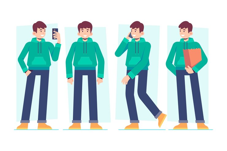無料Vector 携帯電話と買い物袋のキャラクターの男性ポーズ