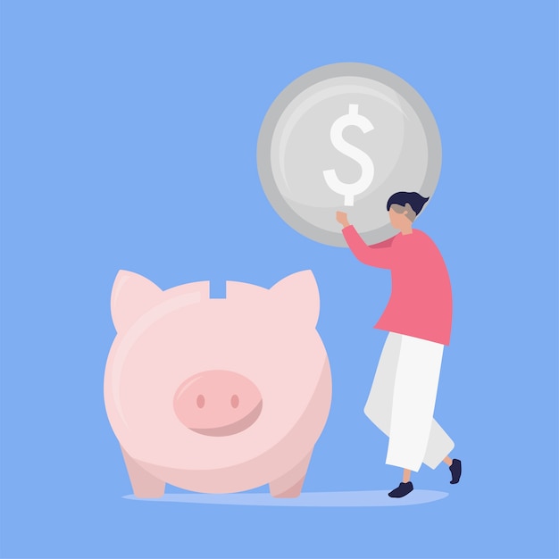 Character of a man saving money in a piggy bank illustration