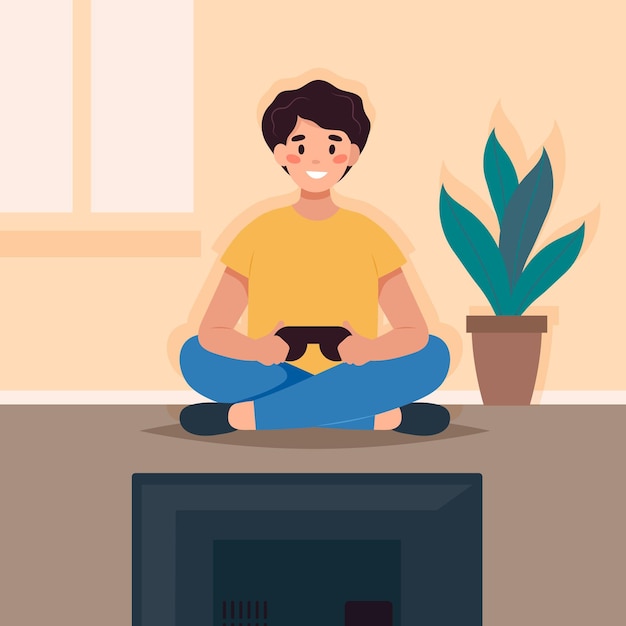 Character playing video game illustrated