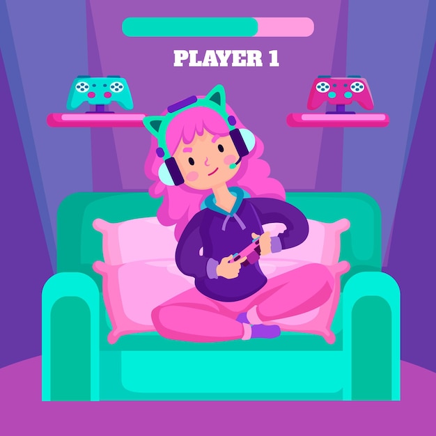 Бесплатное векторное изображение Персонаж играет в видеоигры и сидит на диване