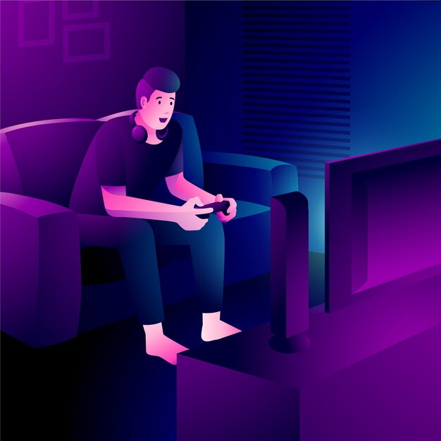 Character playing video games from the couch