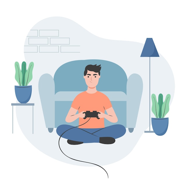 Character playing video games and sitting on the floor