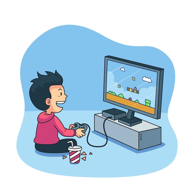 Character playing videogame