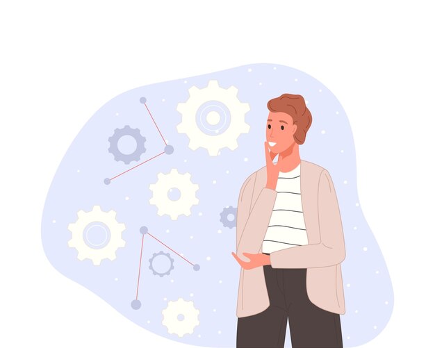 Personaggio in lavorazione con tipi di mentalità mentale o modelli creativi per risolvere il problema.