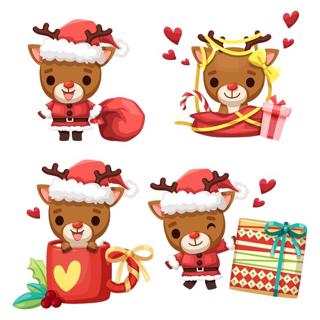 Character santa deer with a variety of poses, moods and element for decoration
