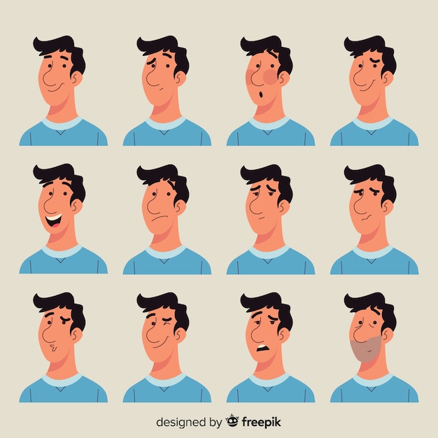 Бесплатное векторное изображение Персонаж показывает коллекцию эмоций