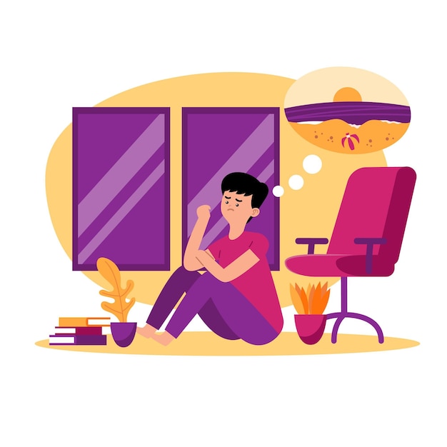 Free vector character sitting in the house and thinking about beach