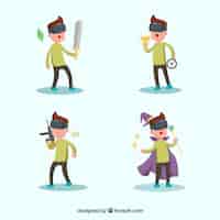 Free vector character using virtual reality glasses and holding different items