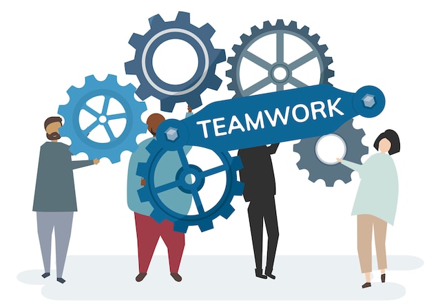 Free vector character with cogwheel gears portraying teamwork concept