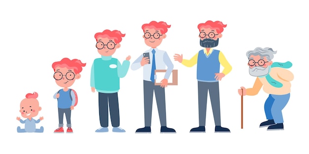 Free vector character with human life cycles vector illustration character of a man in different ages from youth to maturity the life cycle a baby a child a teenager an adult an elderly person