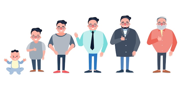 Free vector character with human life cycles vector illustration character of a man in different ages from youth to maturity the life cycle a baby a child a teenager an adult an elderly person