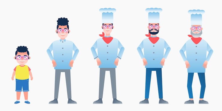 Free Vector character with human life cycles vector illustration character of a man in different ages from youth to maturity the life cycle a baby a child a teenager an adult an elderly person