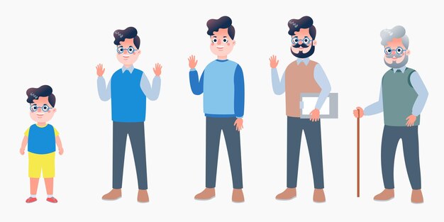 Character with human life cycles vector illustration Character of a man in different ages from youth to maturity The life cycle A baby a child a teenager an adult an elderly person