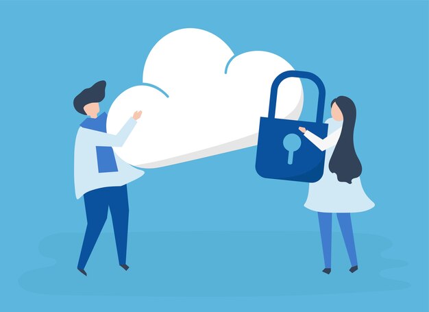 Characters of a couple and a cloud security illustration