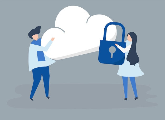 Free vector characters of a couple and a cloud security illustration