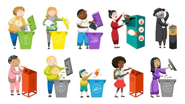 Characters of different nationalities throwing trash and used things into trash cans