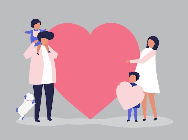 Free vector characters of a family holding a heart shape illustration