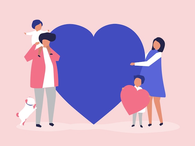 Free vector characters of a family holding a heart shape illustration