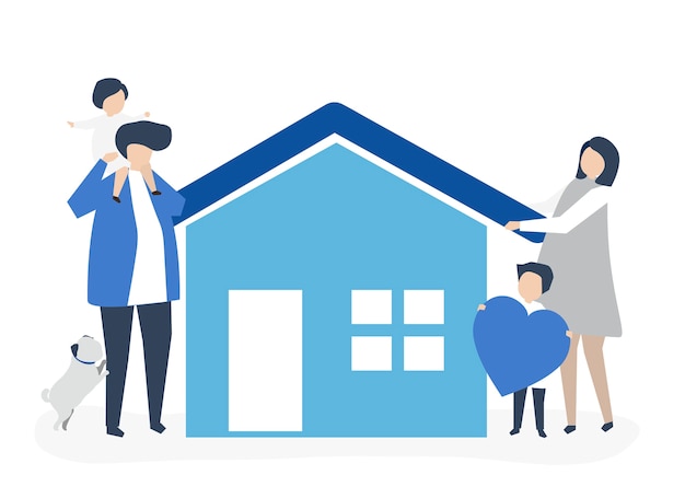 Free vector characters of a loving family and their house illustration