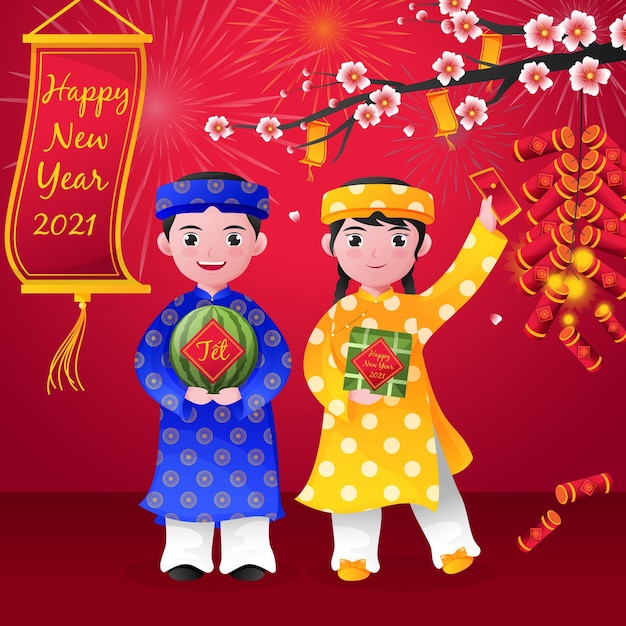 Characters and lucky money happy vietnamese new year 2021