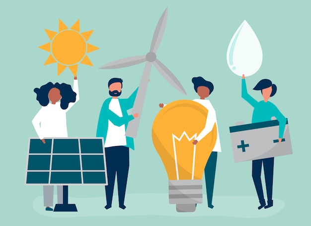 characters of people holding green energy icons