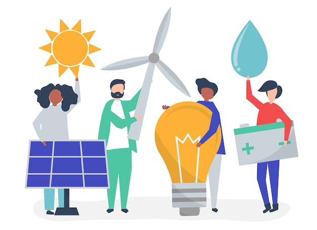 Characters of people holding green energy icons