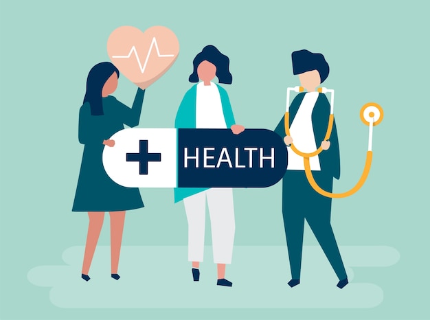 Free vector characters of people holding healthcare icons illustration